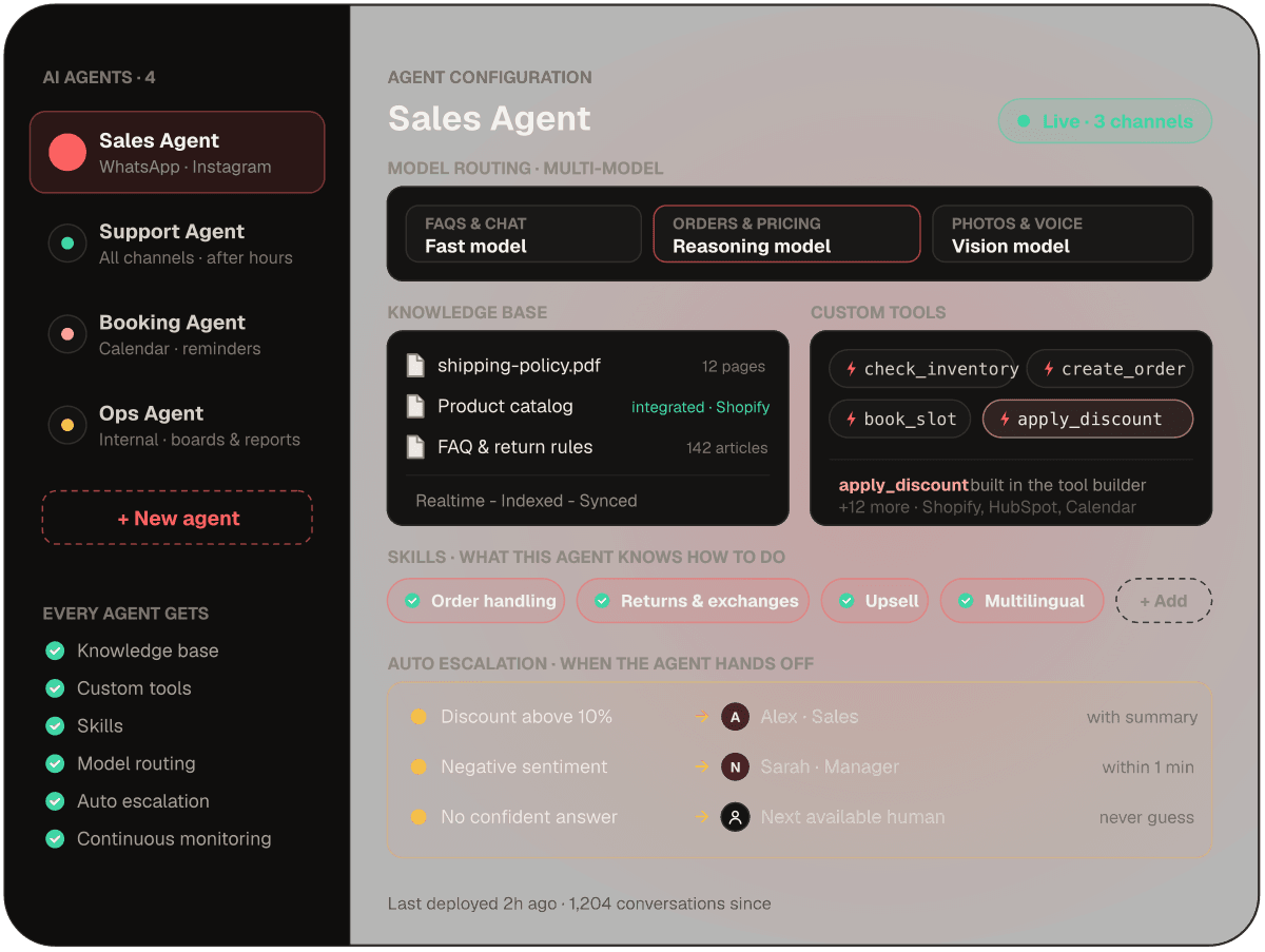 AI agent configuration: knowledge base, tools, skills and models